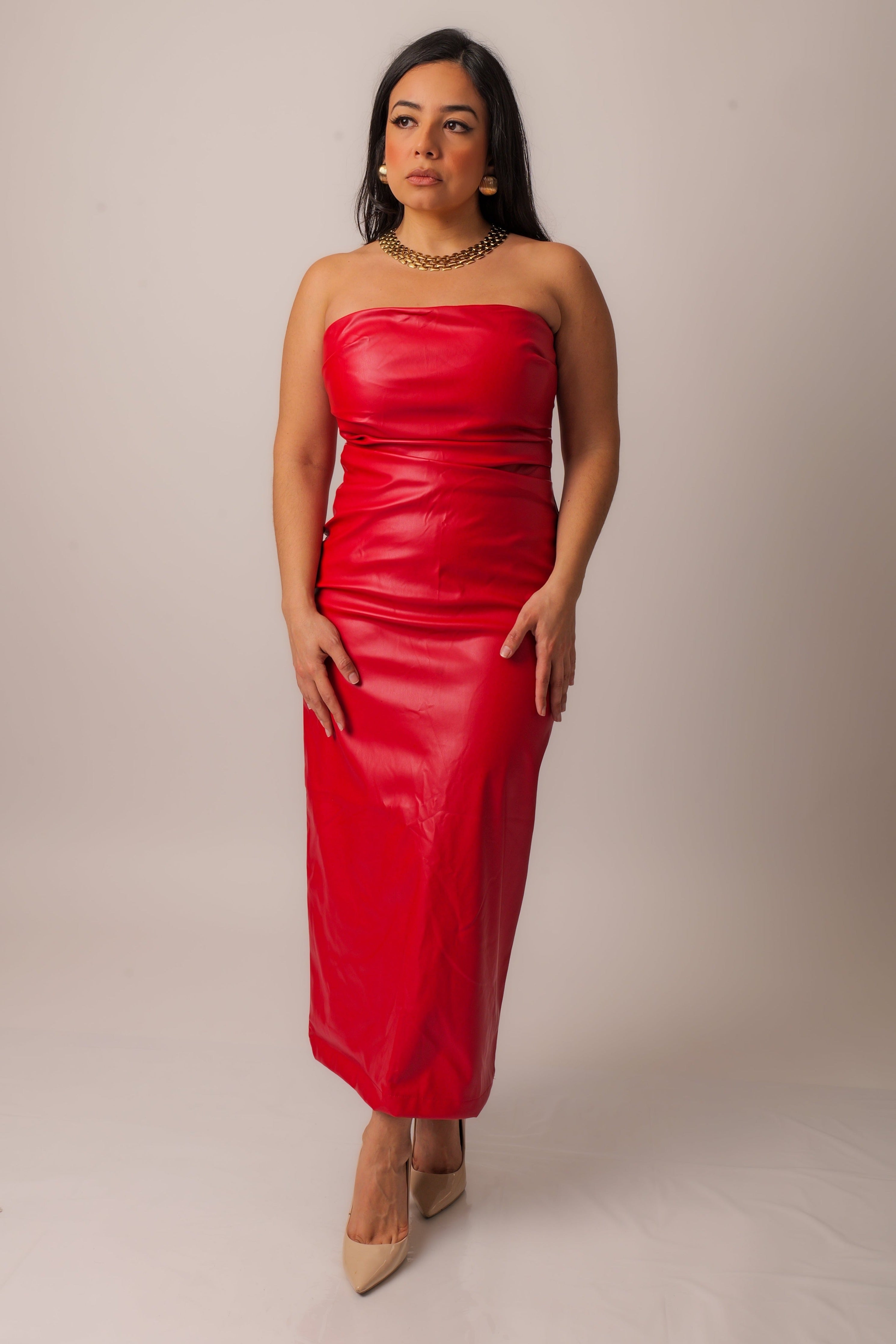 Faux leather red midi Dress