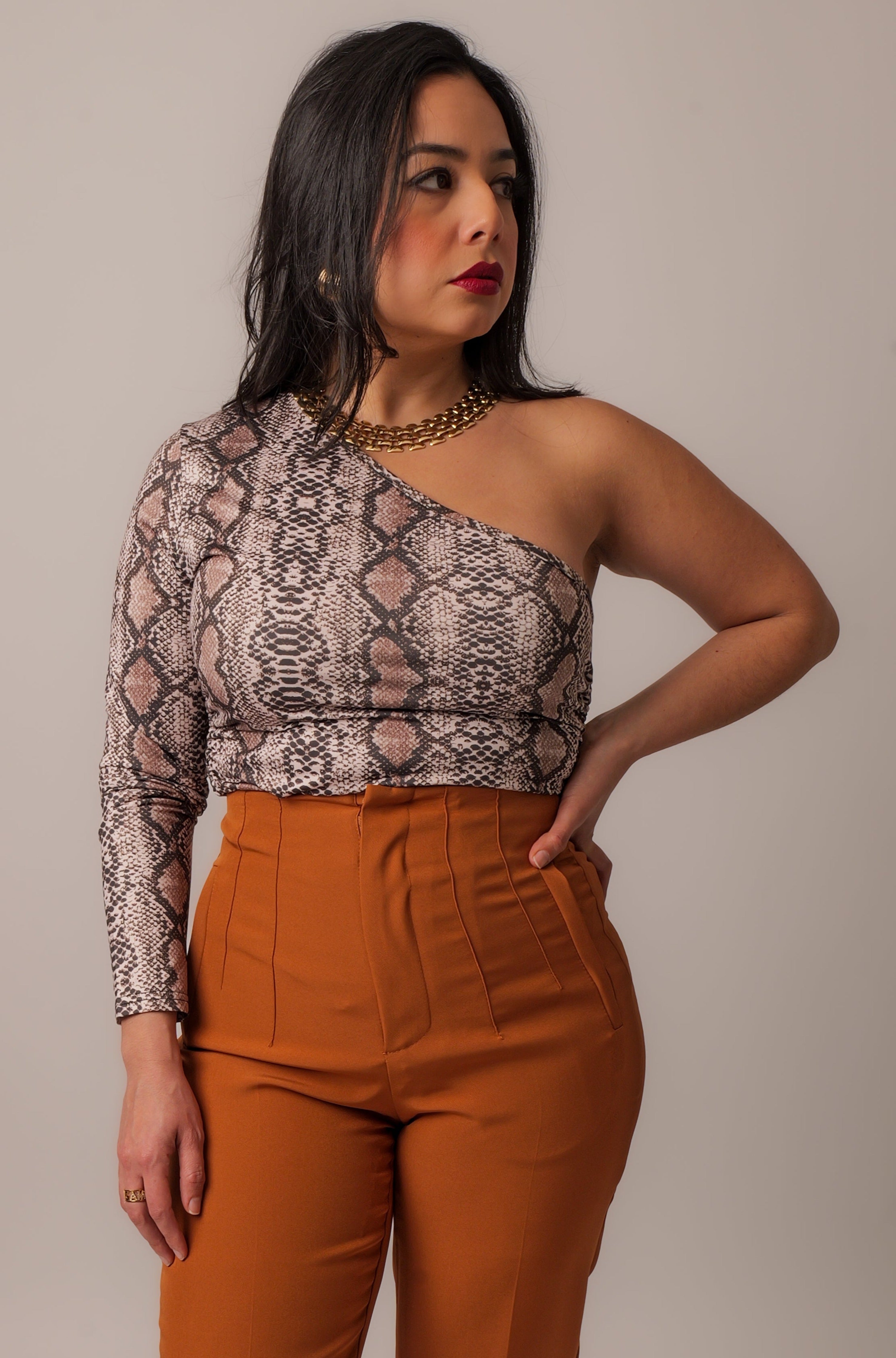 One shoulder snake print bodysuit.