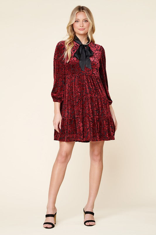 Tie Neck Velvet Tiered Dress