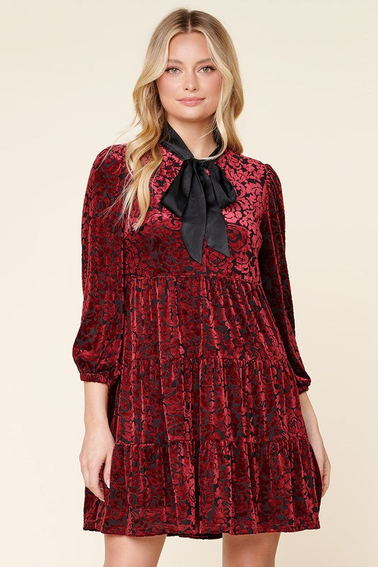 Tie Neck Velvet Tiered Dress